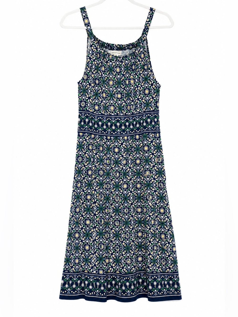 Max Studio Flattering Floral Midi Dress Medium Navy Green Sleeveless Stretch
